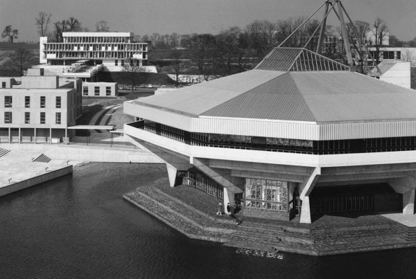 black and white image of University of York Central Hall. Hexagonal building, example of brutalist architecture