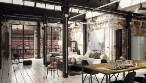 A Loft Apartment decorated simply. Exposed iron beams and brick walls as well as wooden floor boards give room industrial feeling.