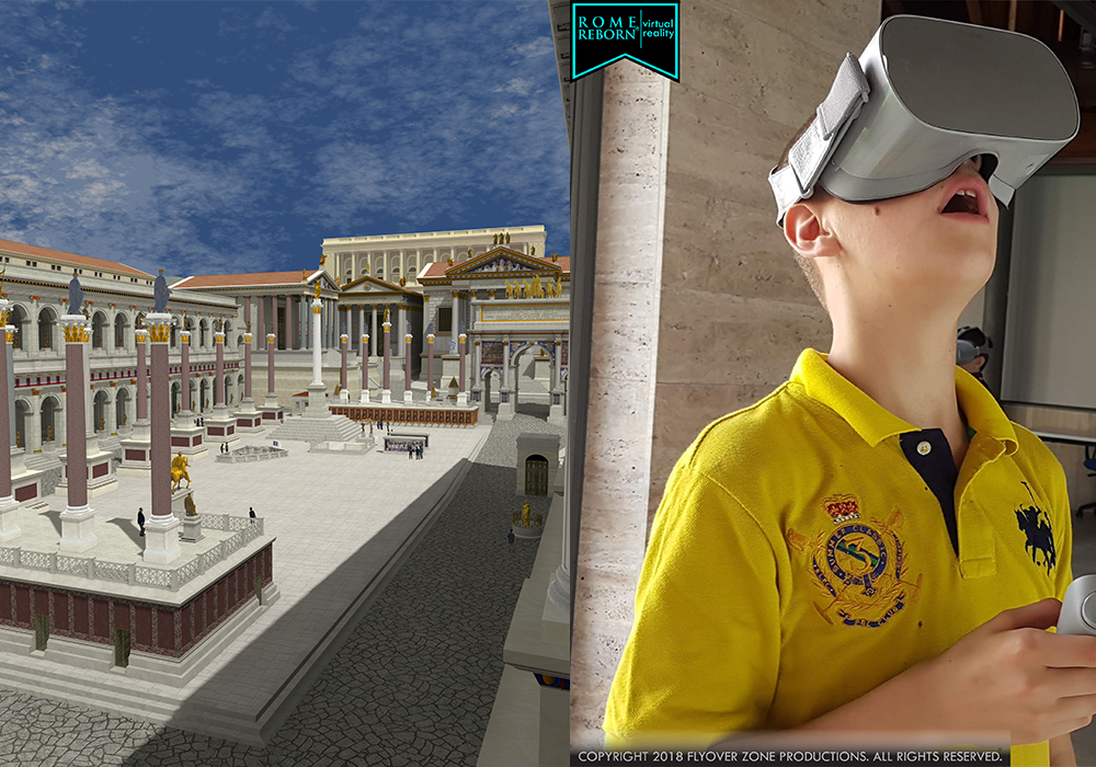 Right: Digital reconstruction of Roman Forum plaza. Left: Boy in yellow tshirt uses VR headset